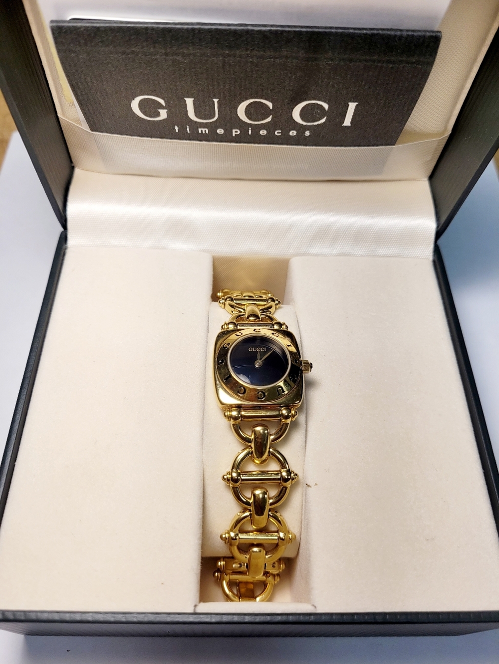 Authentic Gucci Gold Bracelet Watch with Black Dial